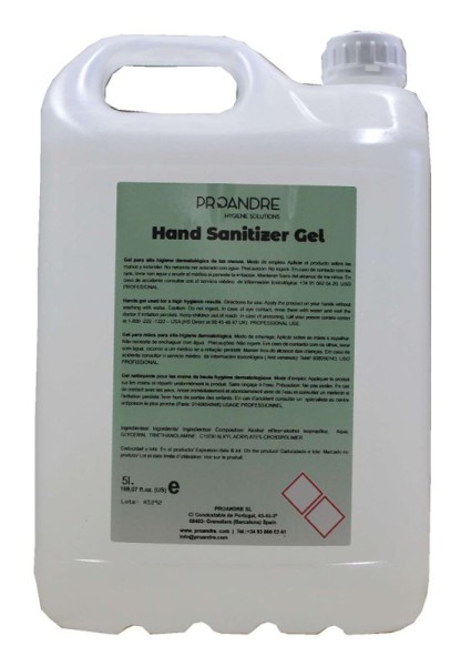 Disinfection gel with aloe vera for hand disinfection in a 5l canister from Proandre (ethanol, ethyl alcohol 75 - 85%)