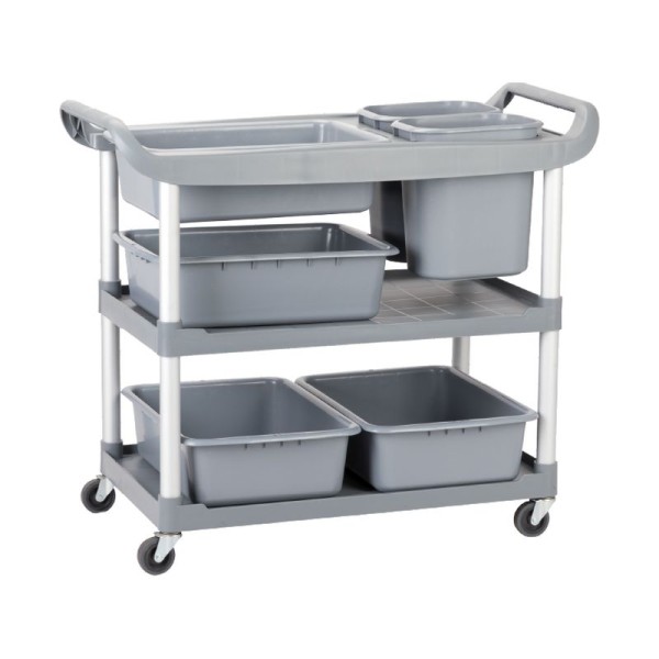 Service trolley for restaurants in gray with 3 shelves and several containers Simex 08099