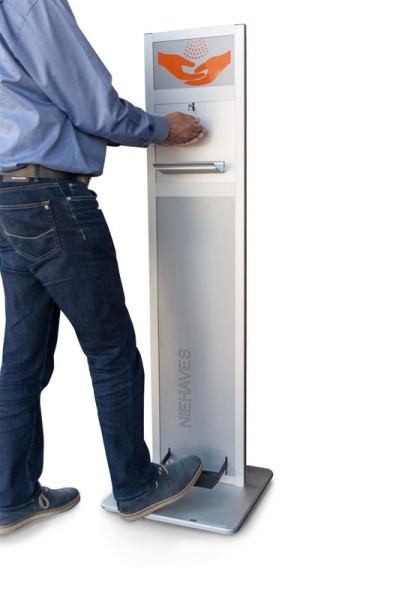 Touchless hygienic station with foot pedal for hygienic disinfection of the hands. Easy to install at the entrance of the office, hotel, hospital, shop, school etc.