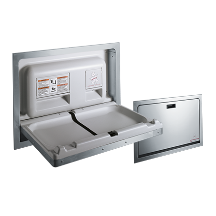 ASI baby Changing table. Can be folded horizontally. Built-in system in the wall galvanized. In stainless steel. With safetybelt. Item No. 10-9013.
