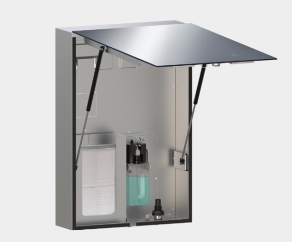Stainless steel mirror cabinet with built in foam soap dispenser and paper towel dispenser