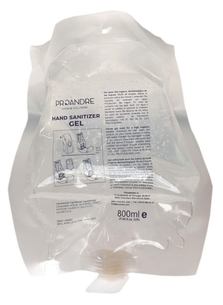 Refill cartridge 800ml disinfectant gel suitable for disinfectant dispenser ProanSoap from Proandre JE2HYGEL