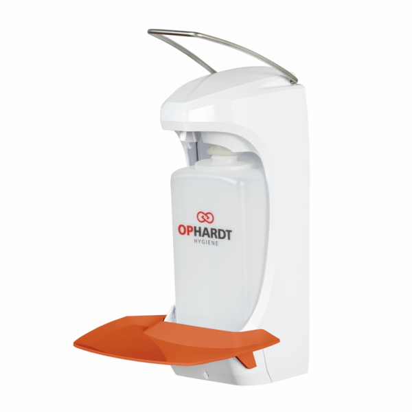 Euro bottle dispenser 1000 ml manual operation ABS plastic orange drip tray lockable Ophardt 4402743