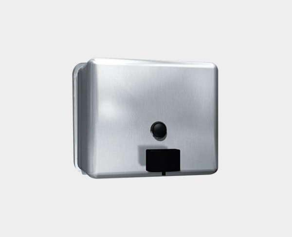 Soap dispenser with push button, made of stainless steel for wall mounting ASI model 9343