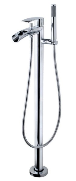 Wiesbaden freestanding bath mixer tap Lima with waterfall effect in stainless steel and chrome-look. Article nrs. 29.3952, 29.3934.