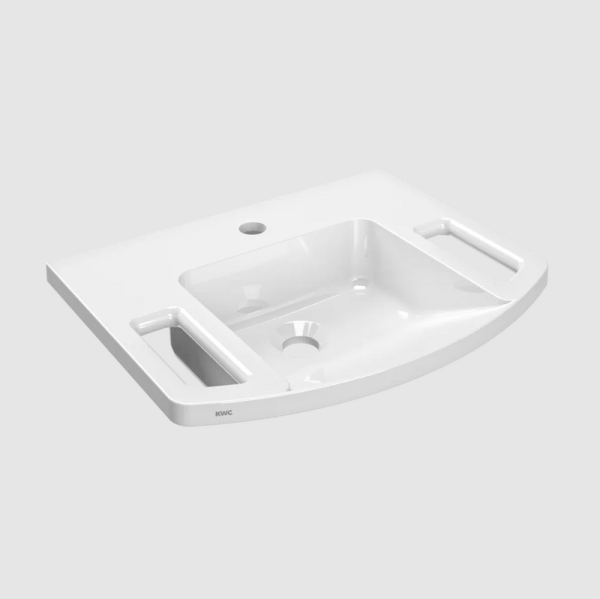 KWC EXOS. Hand washbasin barrier-free MIRANIT alpine white, wheelchair accessible with handles ANMW0003N