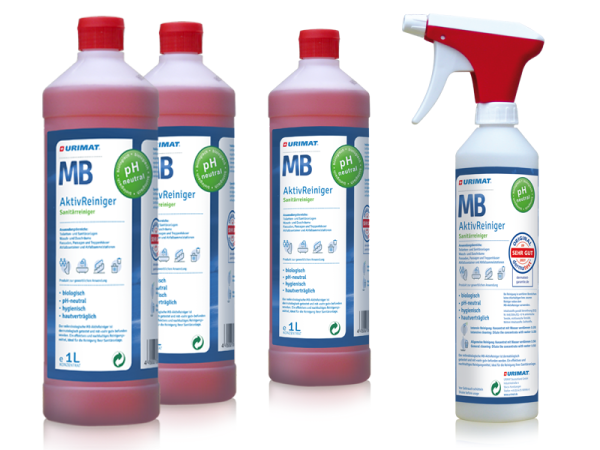 Sanitärreiniger MB-Aktivreiniger konzentriert 3 x 1 Liter Kombipack + Sprühflasche für Toiletten, Duschräume, Treppenhäuser Urimat