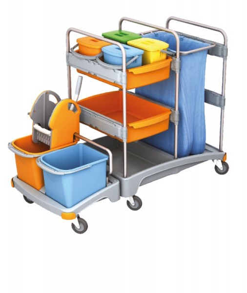 Splast trolley with wringer, buckets, shelf and waste bag holder with optional cover Splast TSZ-0021,TSZ-0022