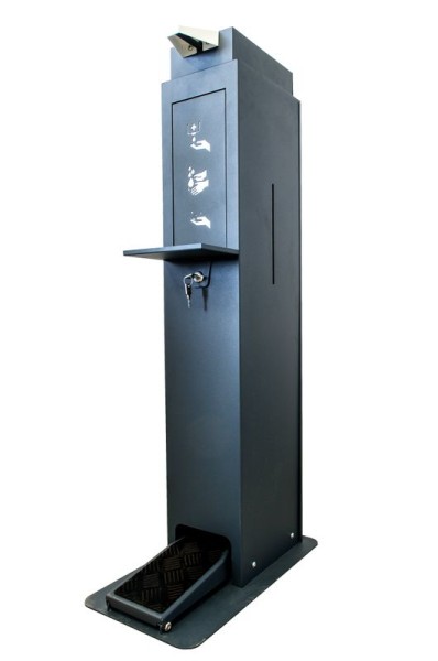 Disinfection column with foot control for any 5L canister with a secure lock