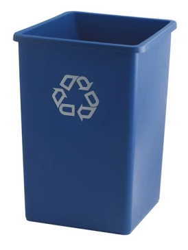 Square plastic waste container with recycling symbol without lid
