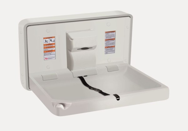 Opened baby changing table made of bacteria resistant HD polyethylene. Horiontally foldable baby changing station.  ASI. Made in USA. Item no. 9014.   