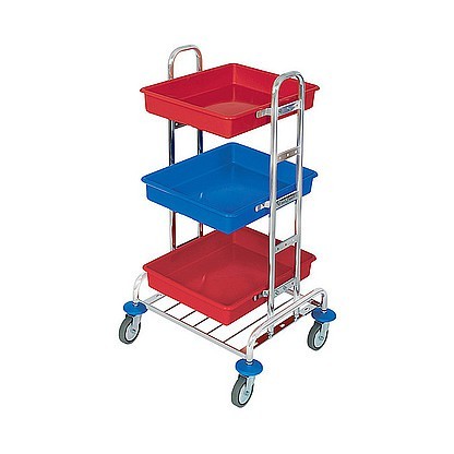 Splast chrome cleaning trolley with 3 plastic trays red/blue - bag holder optional Splast MID-0004,MID-0005